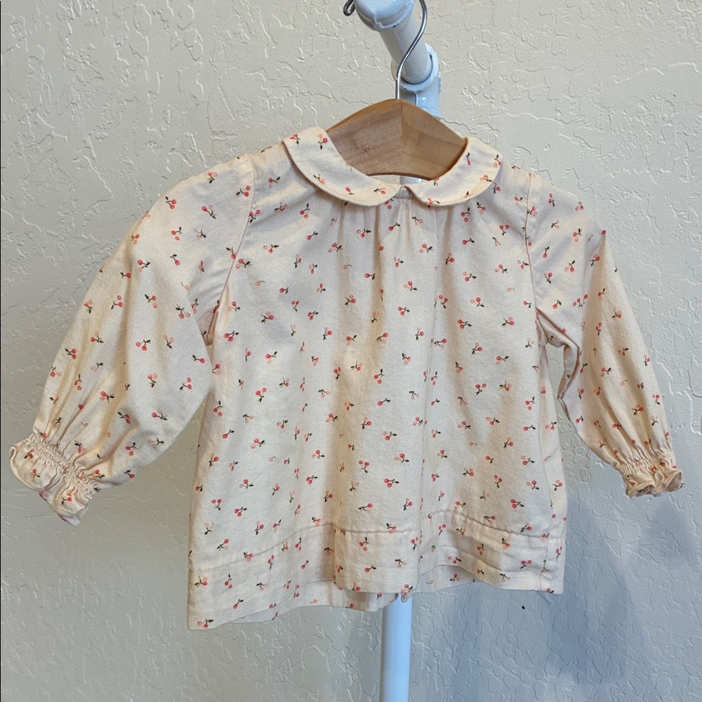 Bonpoint Cream Peter Pan Collar Long-Sleeve Top with Pink Floral Print